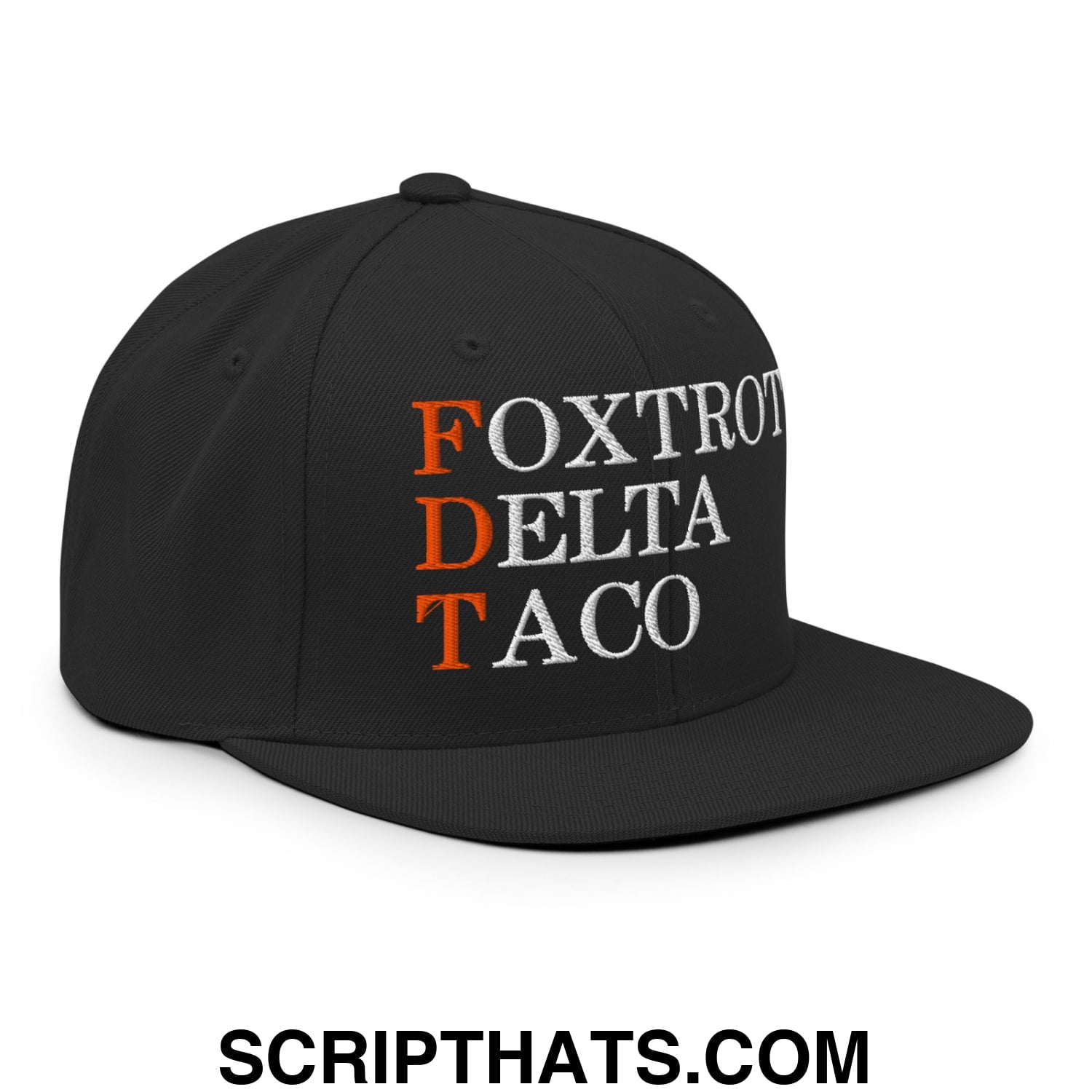 FDT Foxtrot Delta Taco Embroidered Flat Bill Brim Snapback Hat Black