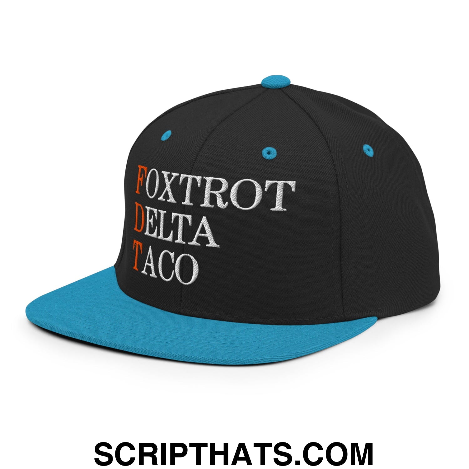 FDT Foxtrot Delta Taco Embroidered Flat Bill Brim Snapback Hat Black Teal