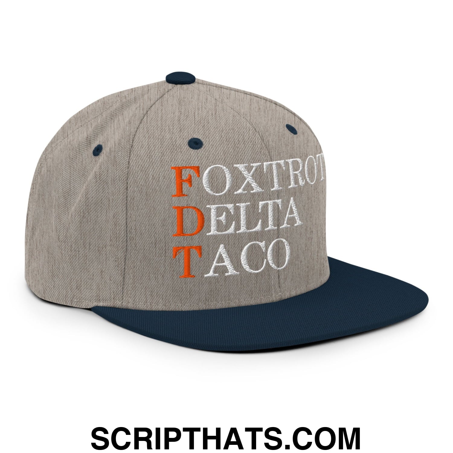 FDT Foxtrot Delta Taco Embroidered Flat Bill Brim Snapback Hat Heather Grey Navy