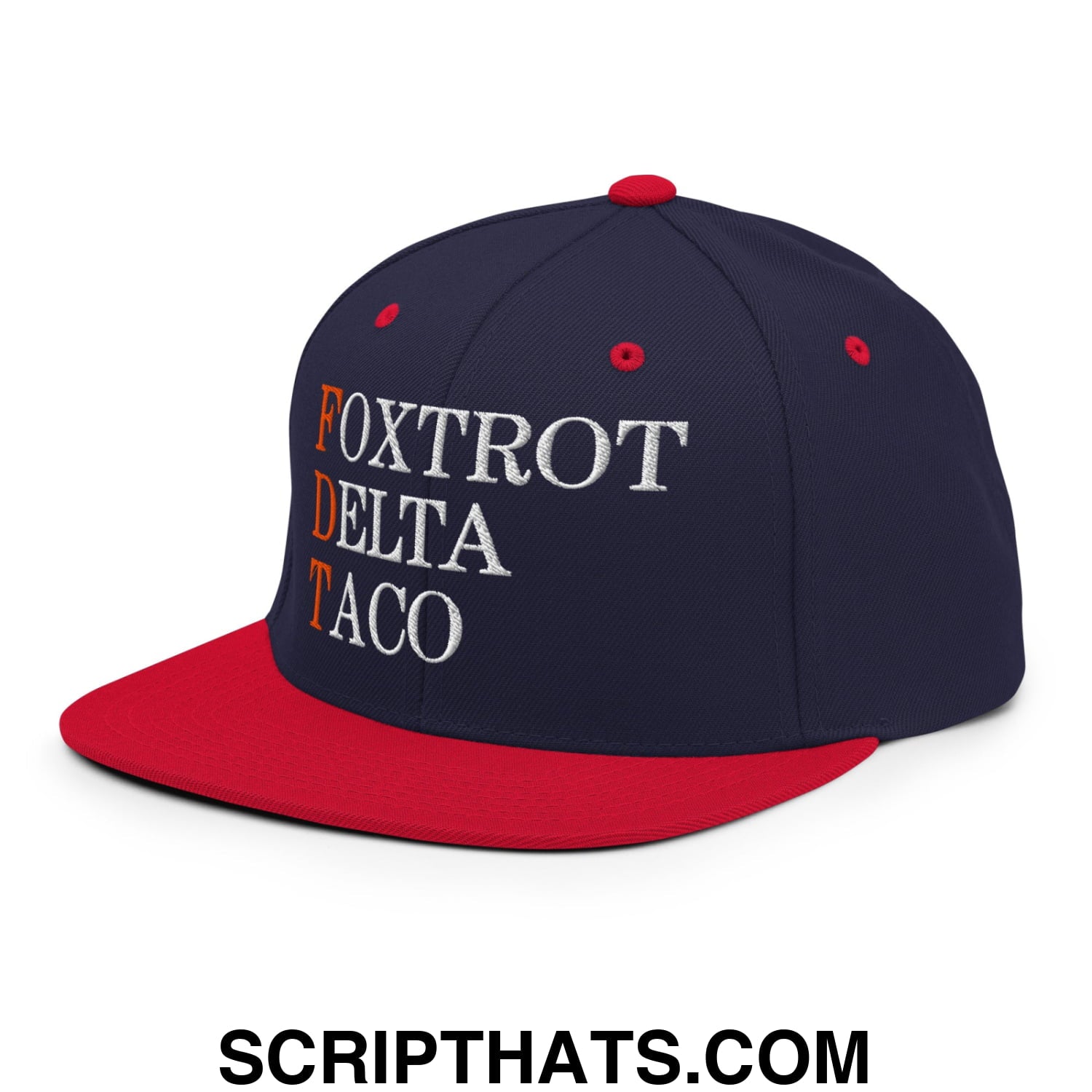 FDT Foxtrot Delta Taco Embroidered Flat Bill Brim Snapback Hat Navy Red