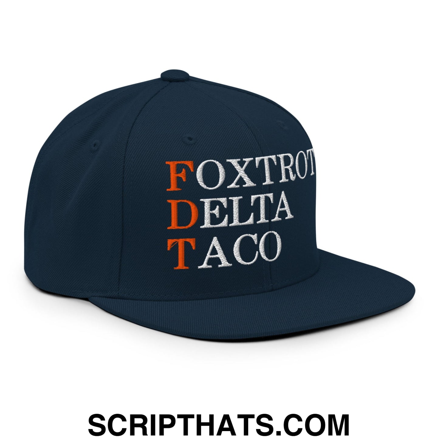 FDT Foxtrot Delta Taco Embroidered Flat Bill Brim Snapback Hat Dark Navy