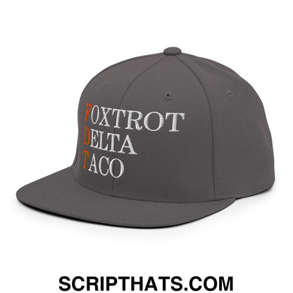 FDT Foxtrot Delta Taco Embroidered Flat Bill Brim Snapback Hat Dark Grey