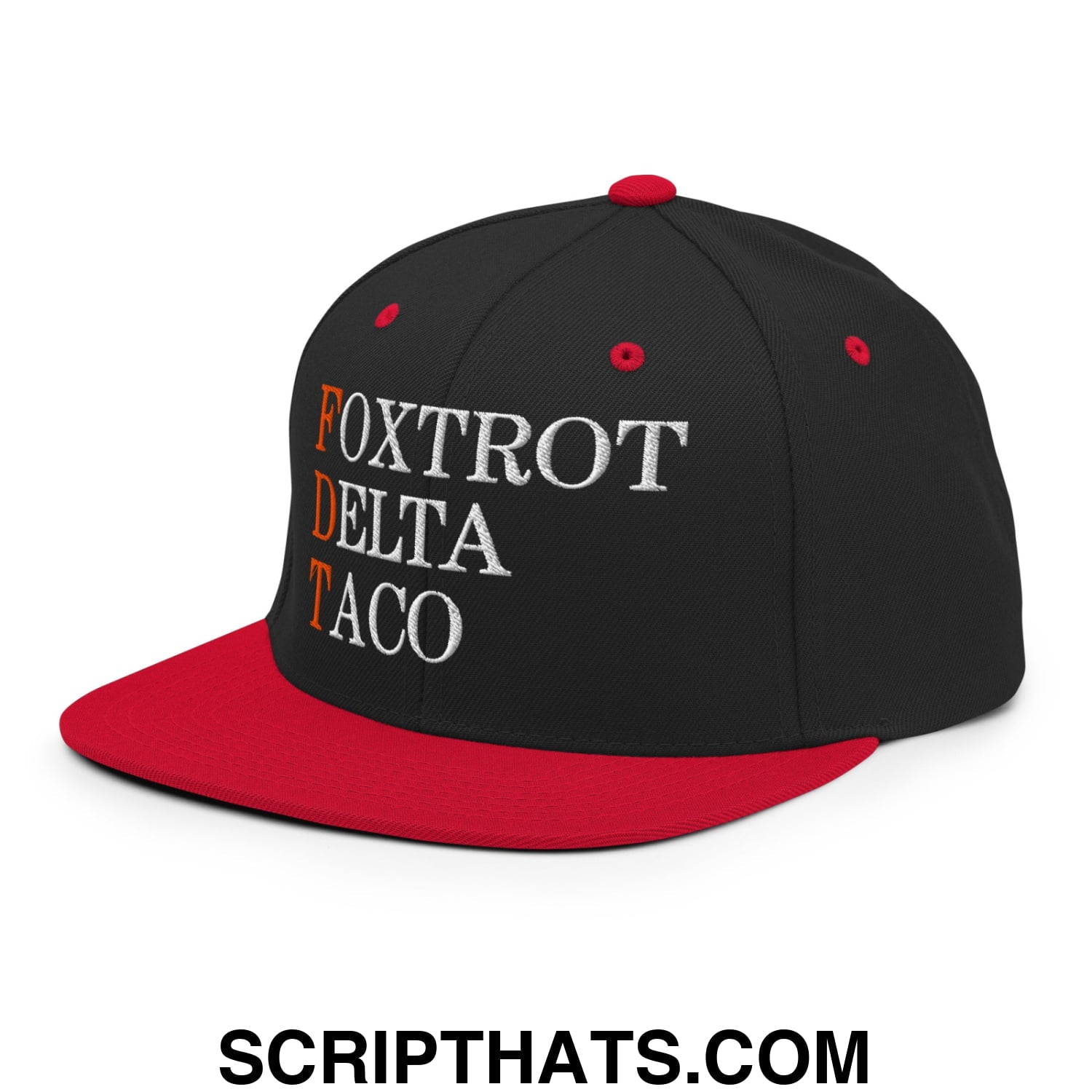 FDT Foxtrot Delta Taco Embroidered Flat Bill Brim Snapback Hat Black Red
