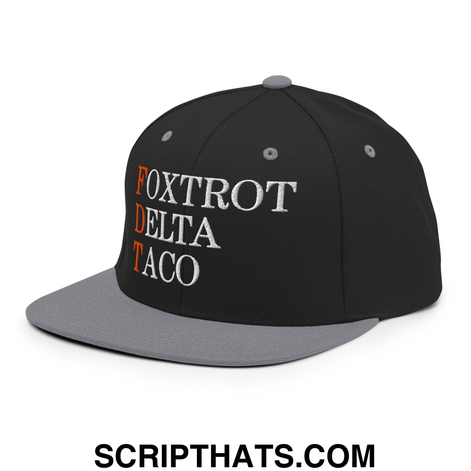 FDT Foxtrot Delta Taco Embroidered Flat Bill Brim Snapback Hat Black Silver