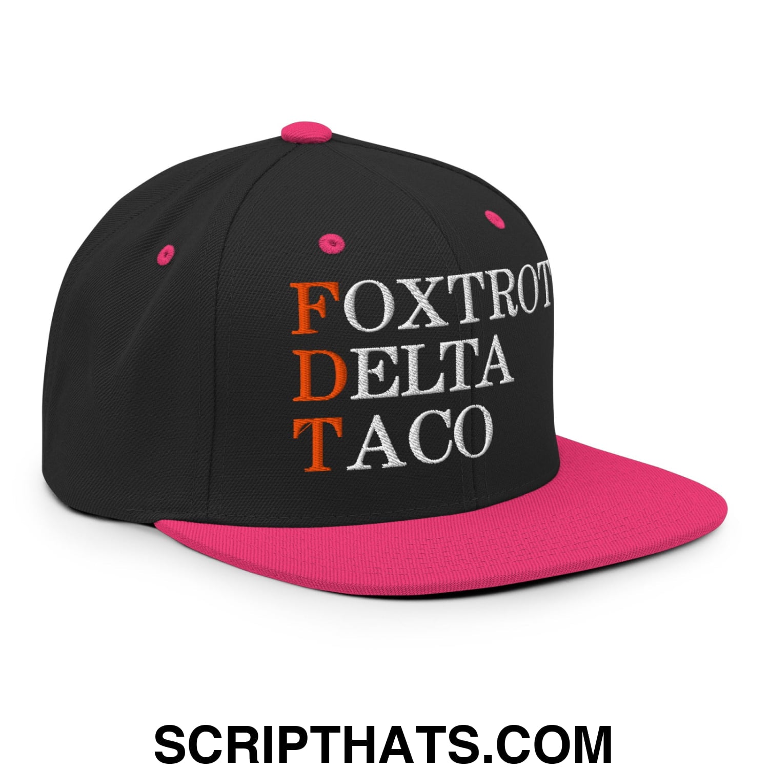 FDT Foxtrot Delta Taco Embroidered Flat Bill Brim Snapback Hat Black Neon Pink