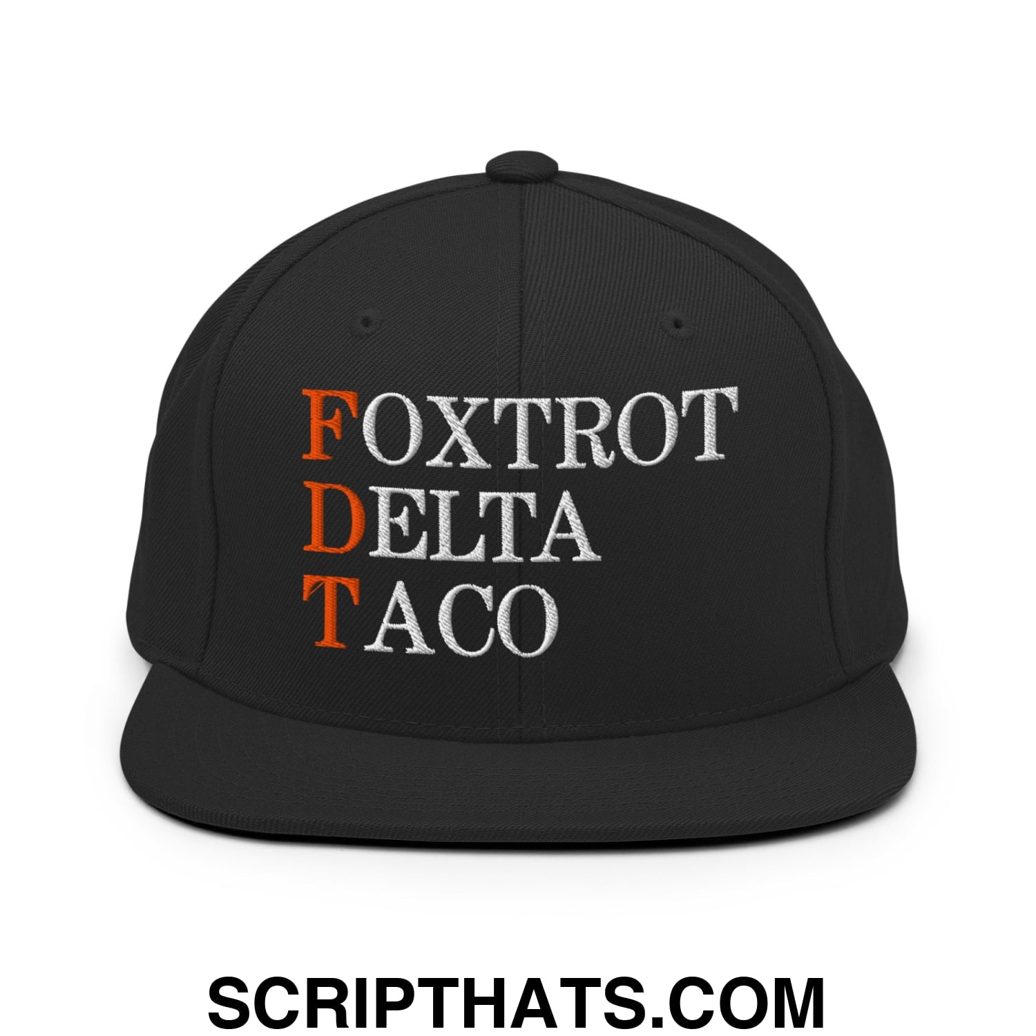 FDT Foxtrot Delta Taco Embroidered Flat Bill Brim Snapback Hat Black