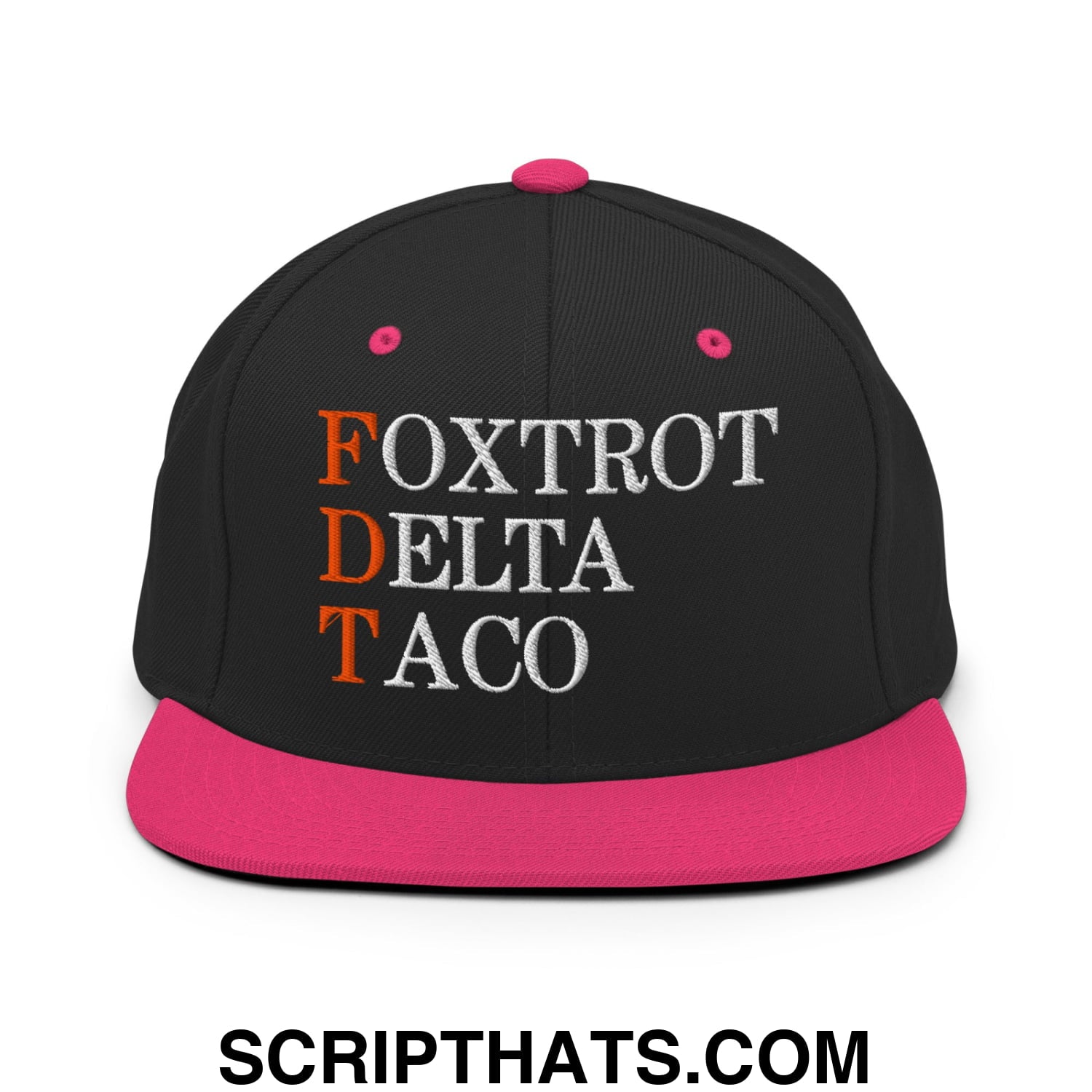 FDT Foxtrot Delta Taco Embroidered Flat Bill Brim Snapback Hat Black Neon Pink
