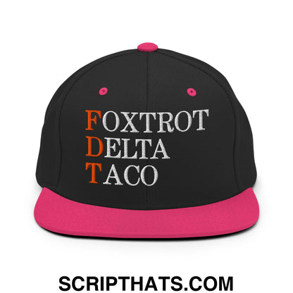 FDT Foxtrot Delta Taco Embroidered Flat Bill Brim Snapback Hat Black Neon Pink