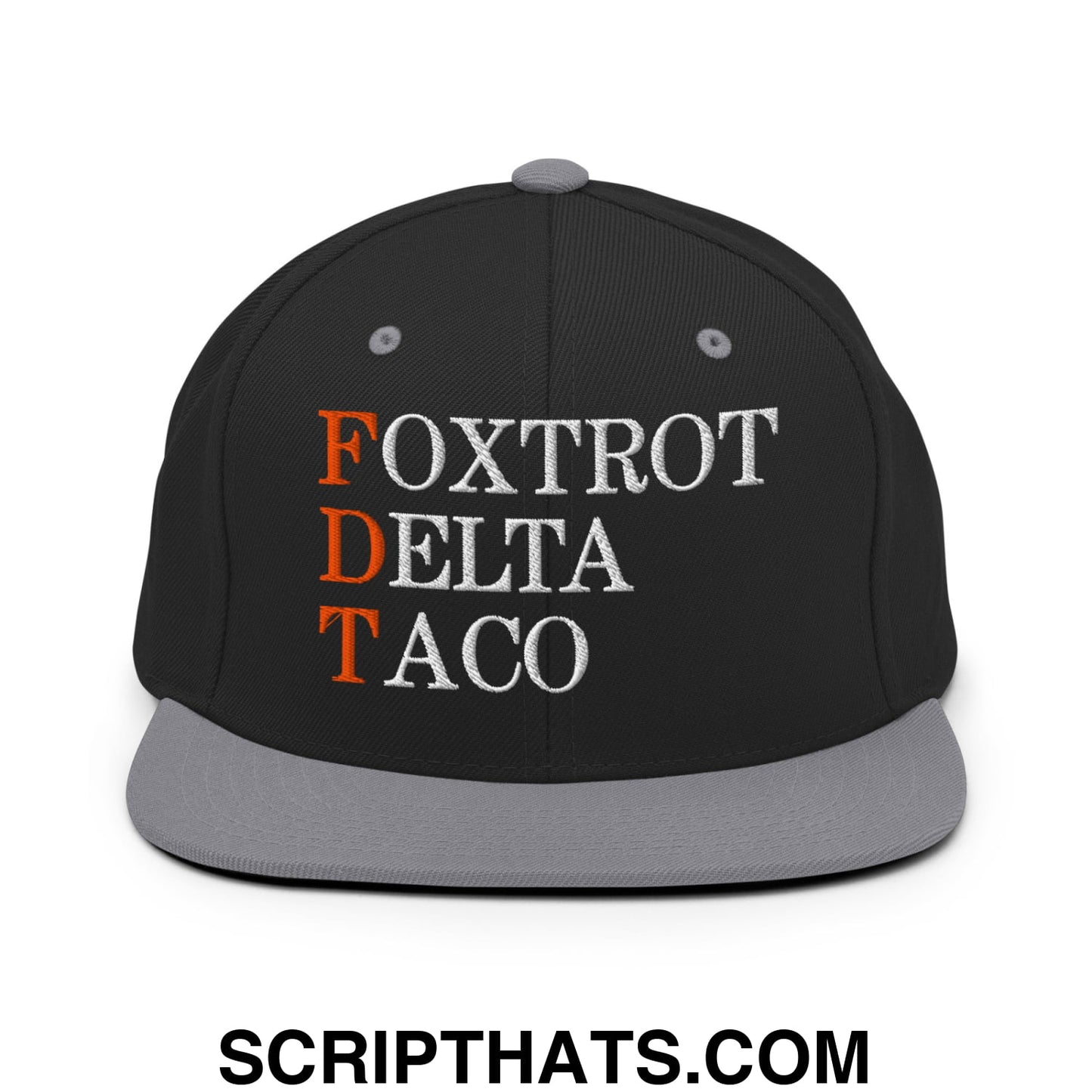 FDT Foxtrot Delta Taco Embroidered Flat Bill Brim Snapback Hat Black Silver