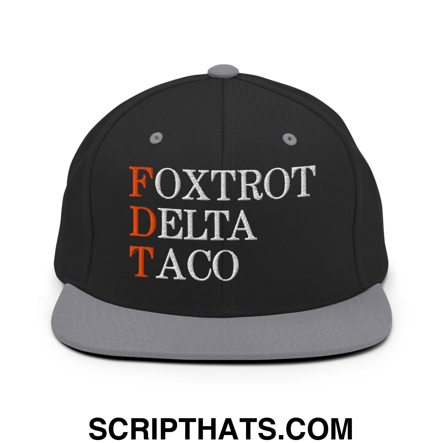 FDT Foxtrot Delta Taco Embroidered Flat Bill Brim Snapback Hat Black Silver