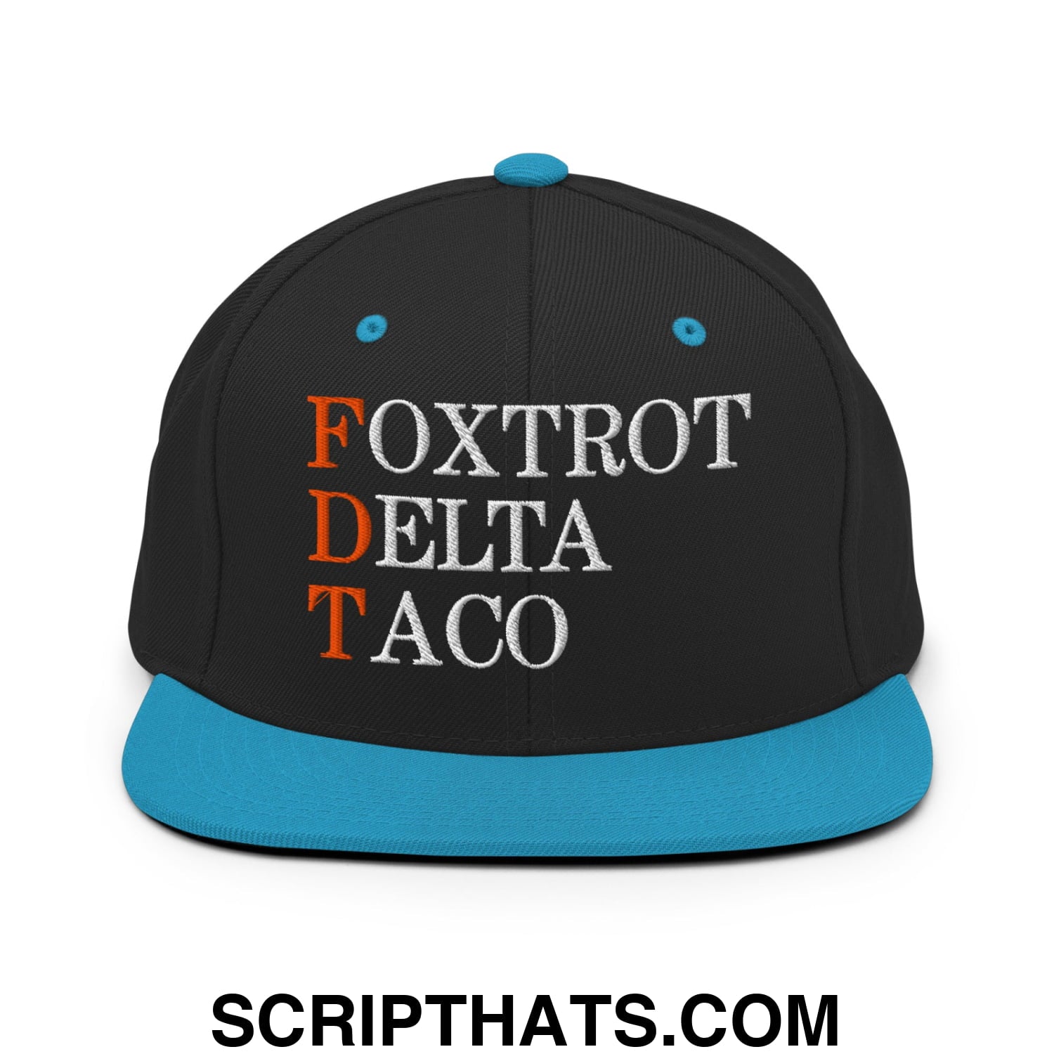 FDT Foxtrot Delta Taco Embroidered Flat Bill Brim Snapback Hat Black Teal