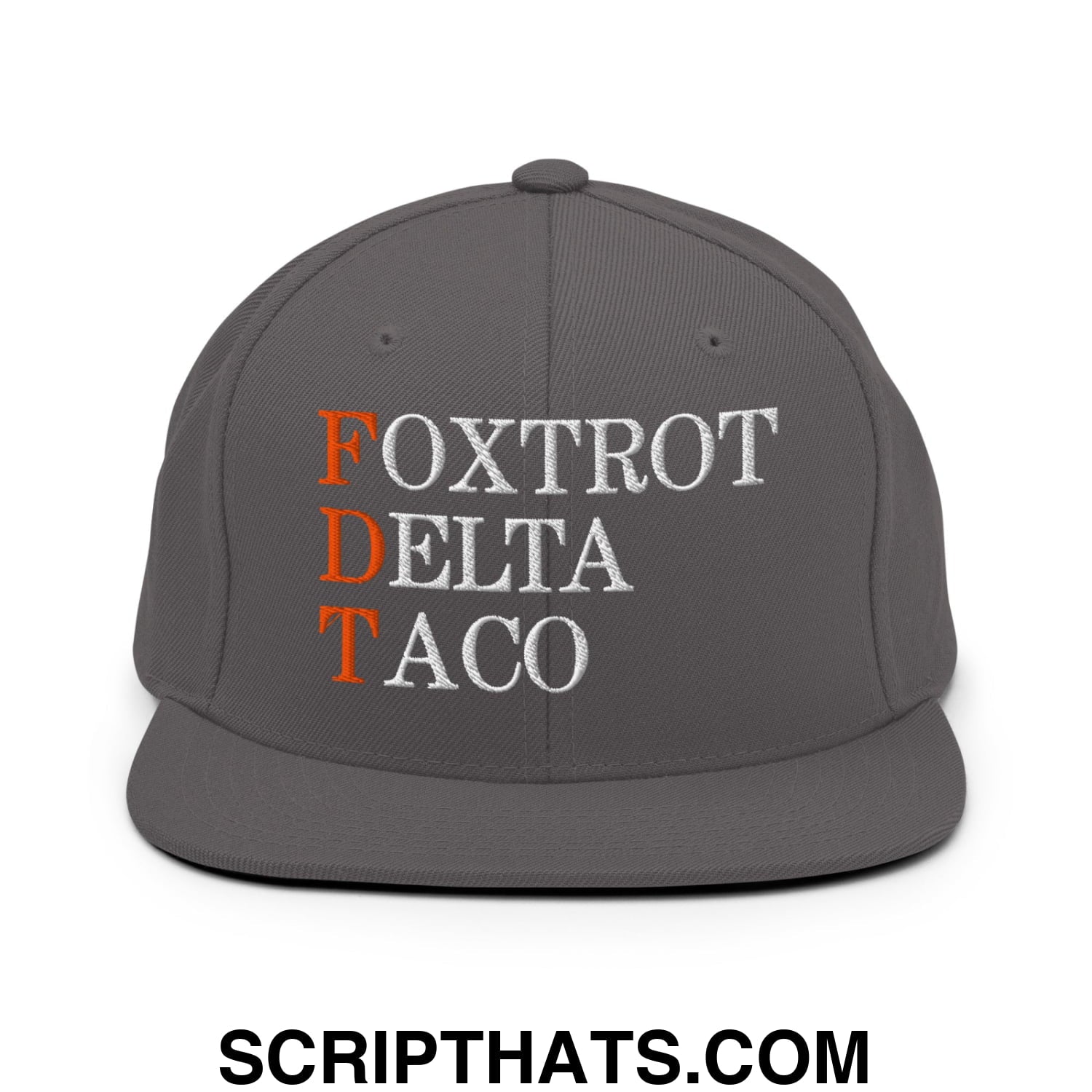 FDT Foxtrot Delta Taco Embroidered Flat Bill Brim Snapback Hat Dark Grey