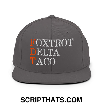FDT Foxtrot Delta Taco Embroidered Flat Bill Brim Snapback Hat Dark Grey