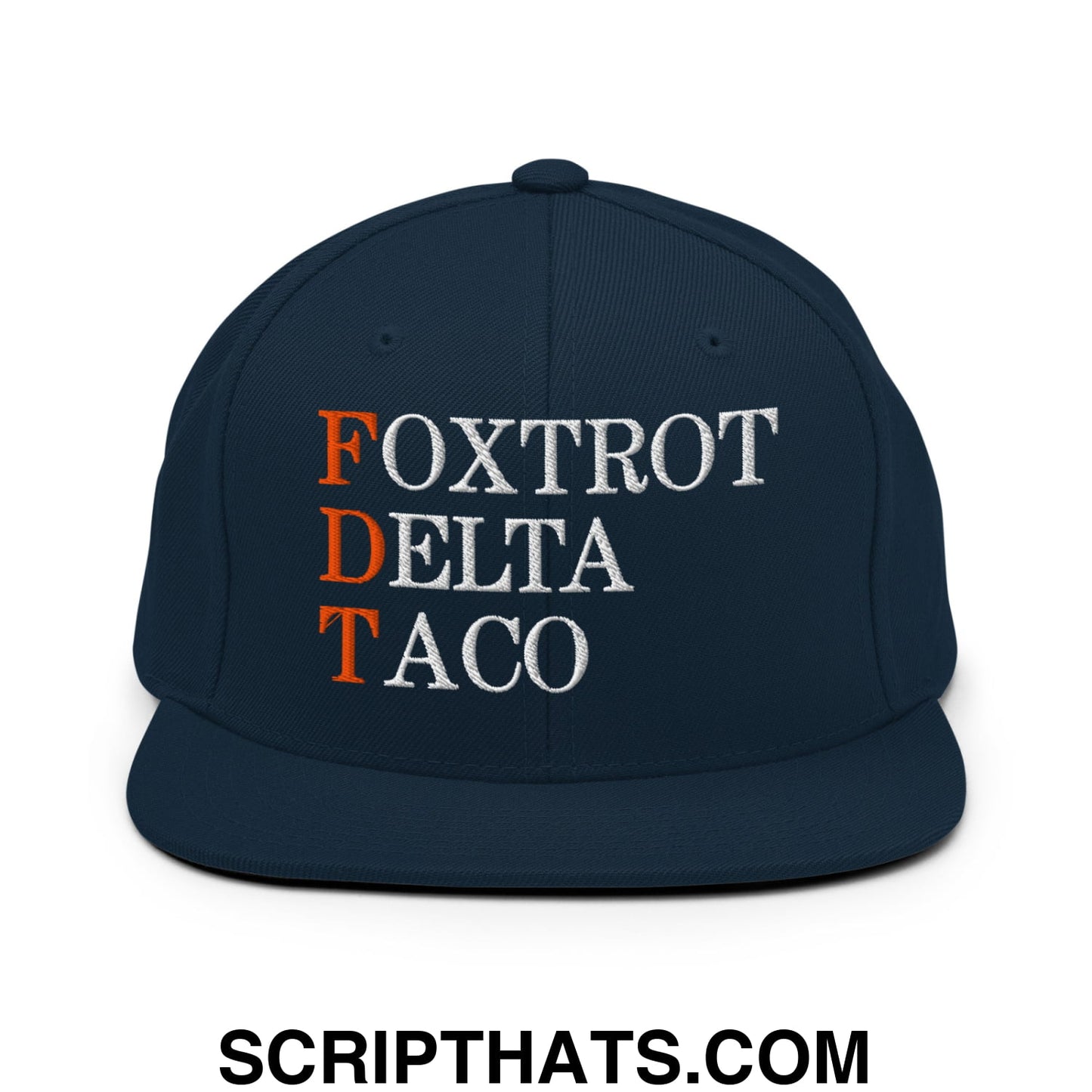 FDT Foxtrot Delta Taco Embroidered Flat Bill Brim Snapback Hat Dark Navy