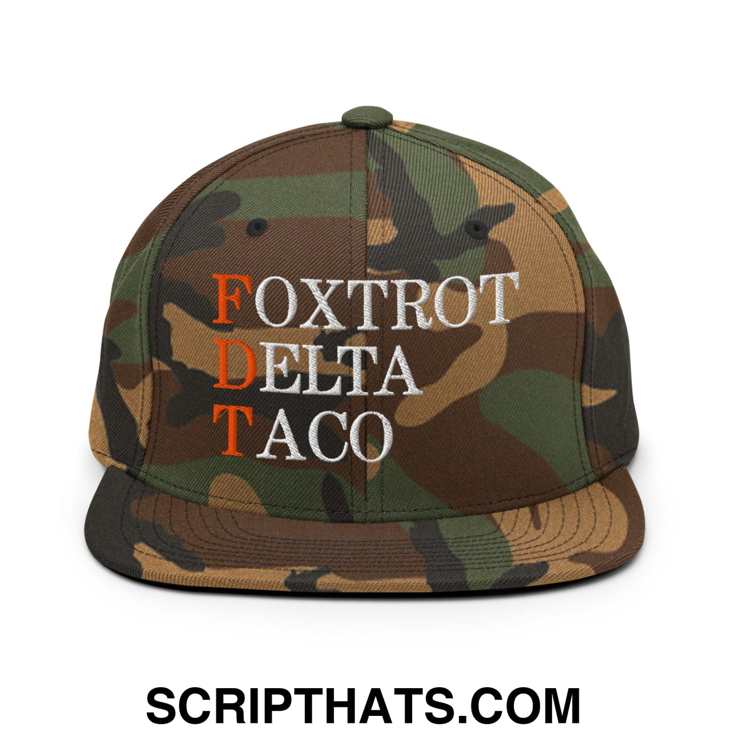 FDT Foxtrot Delta Taco Embroidered Flat Bill Brim Snapback Hat Green Camo