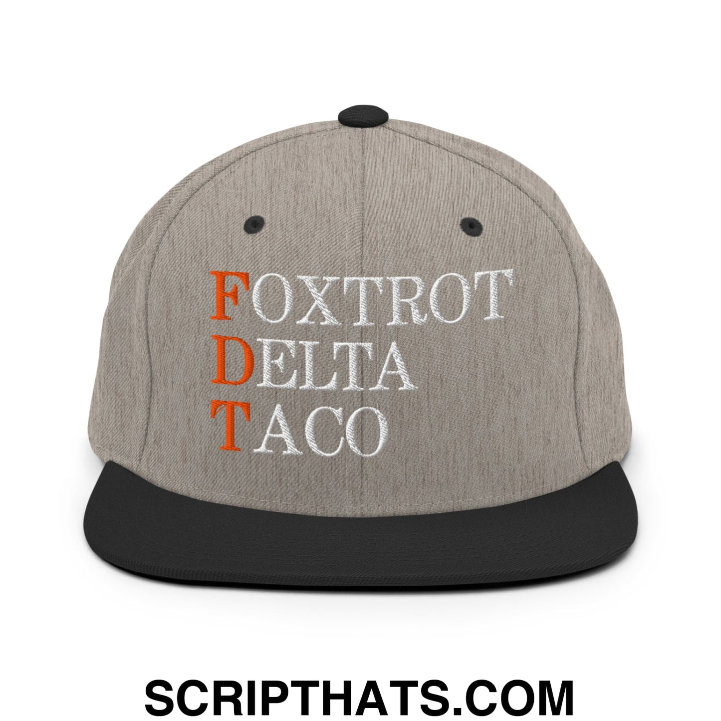 FDT Foxtrot Delta Taco Embroidered Flat Bill Brim Snapback Hat Heather Black