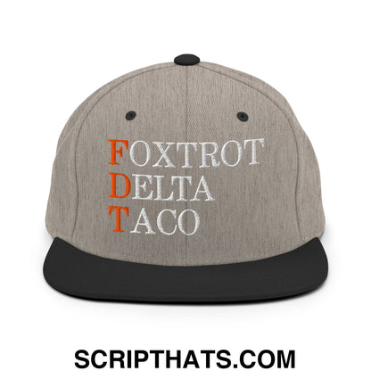 FDT Foxtrot Delta Taco Embroidered Flat Bill Brim Snapback Hat Heather Black