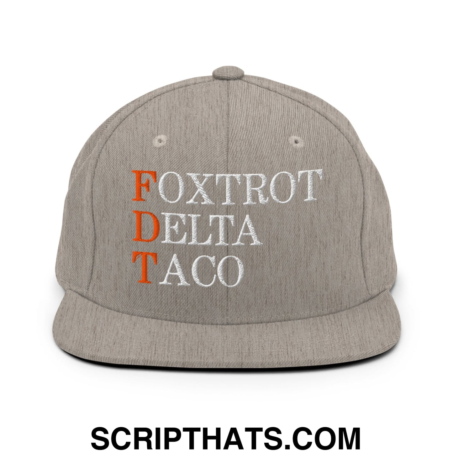 FDT Foxtrot Delta Taco Embroidered Flat Bill Brim Snapback Hat Heather Grey