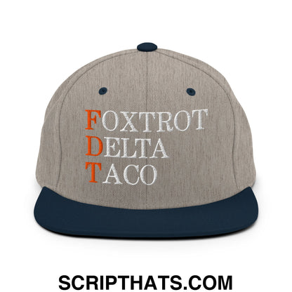 FDT Foxtrot Delta Taco Embroidered Flat Bill Brim Snapback Hat Heather Grey Navy
