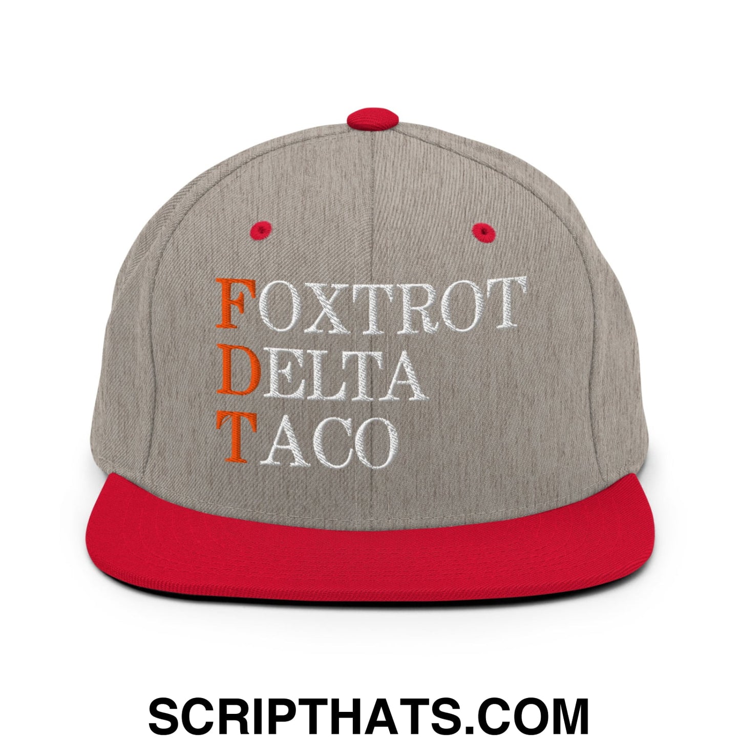 FDT Foxtrot Delta Taco Embroidered Flat Bill Brim Snapback Hat Heather Grey Red