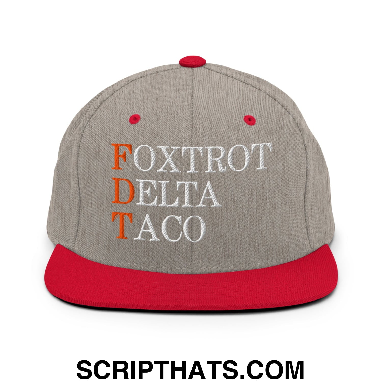 FDT Foxtrot Delta Taco Embroidered Flat Bill Brim Snapback Hat Heather Grey Red