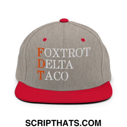 FDT Foxtrot Delta Taco Embroidered Flat Bill Brim Snapback Hat Heather Grey Red