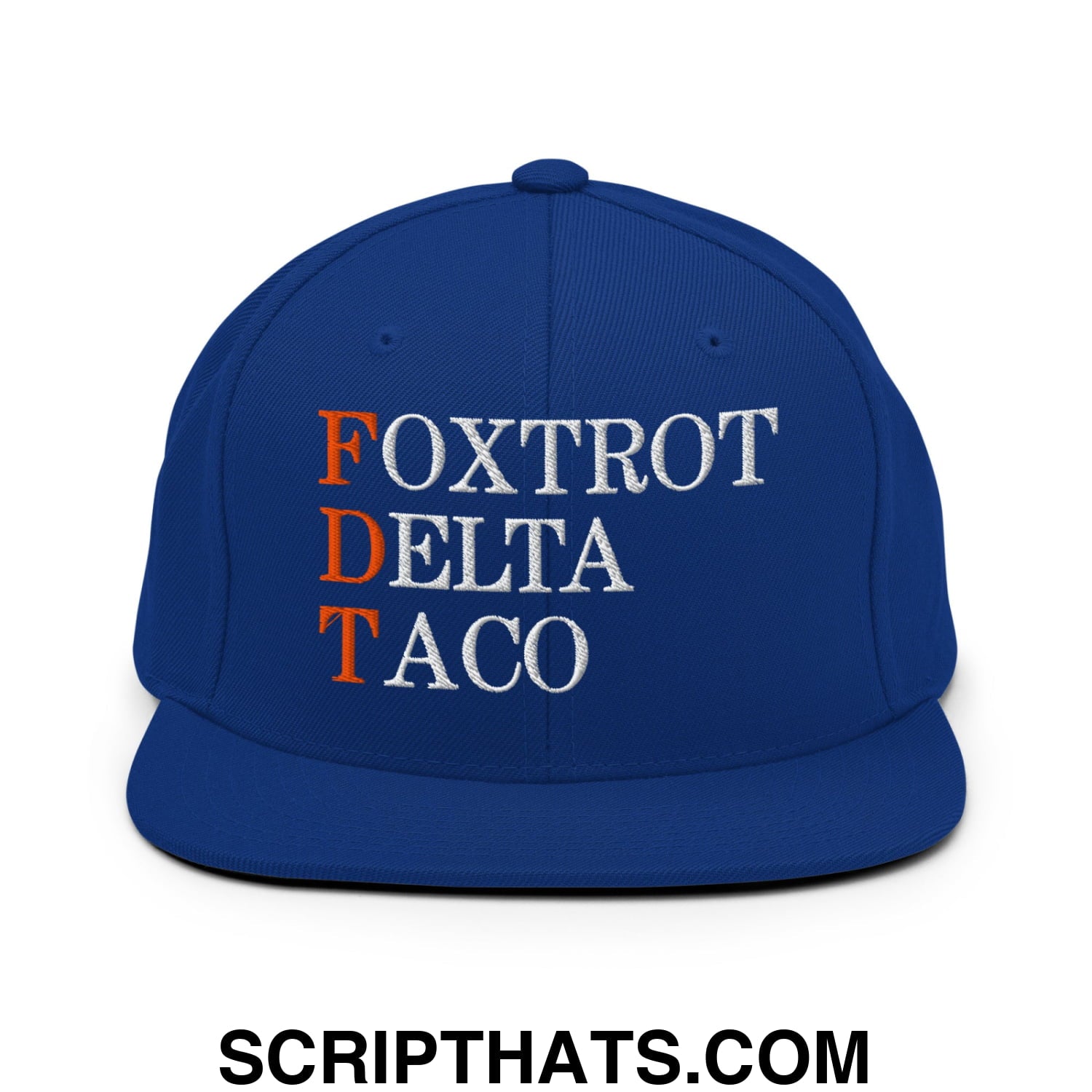FDT Foxtrot Delta Taco Embroidered Flat Bill Brim Snapback Hat Royal Blue