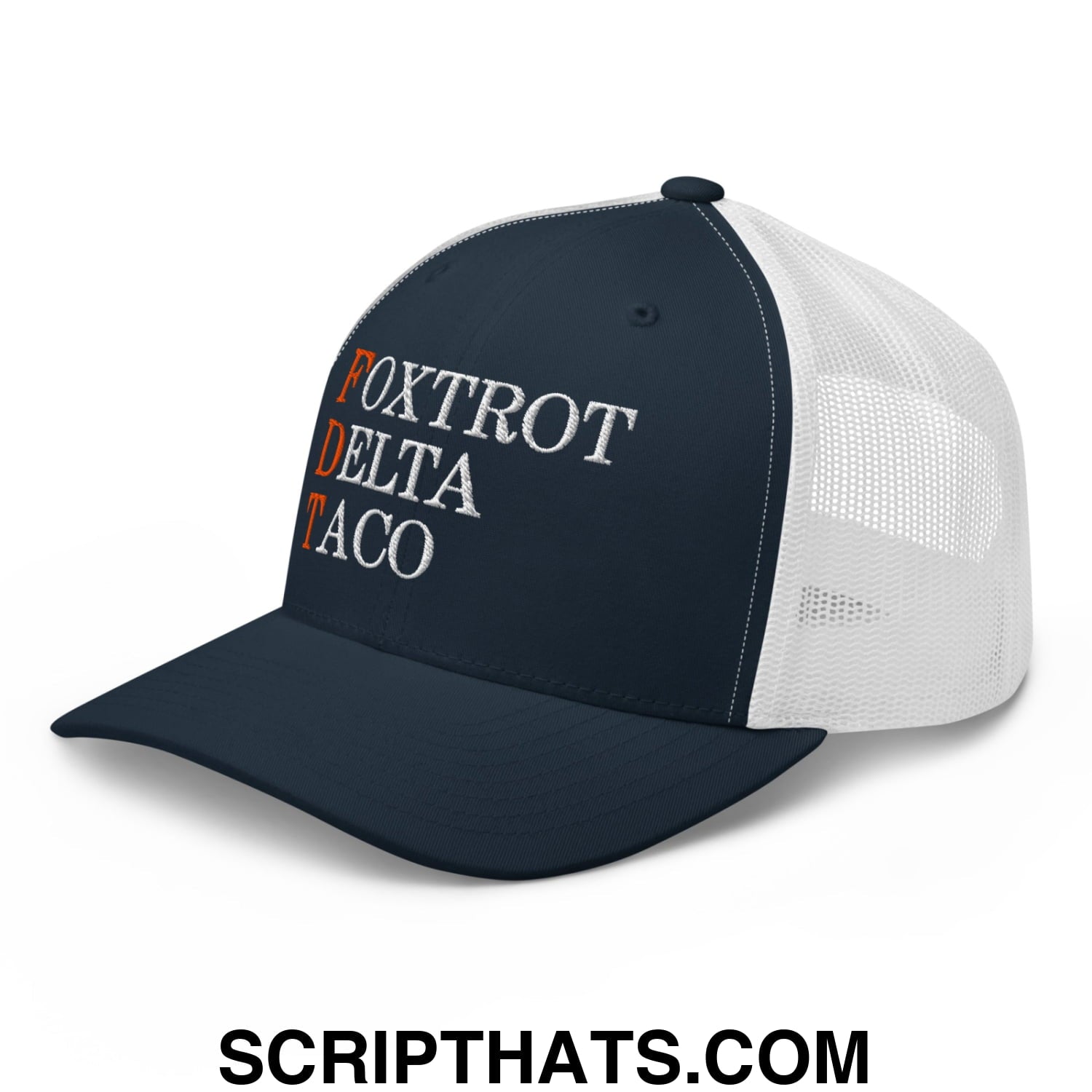FDT Foxtrot Delta Taco Embroidered Mesh Trucker Hat Navy White