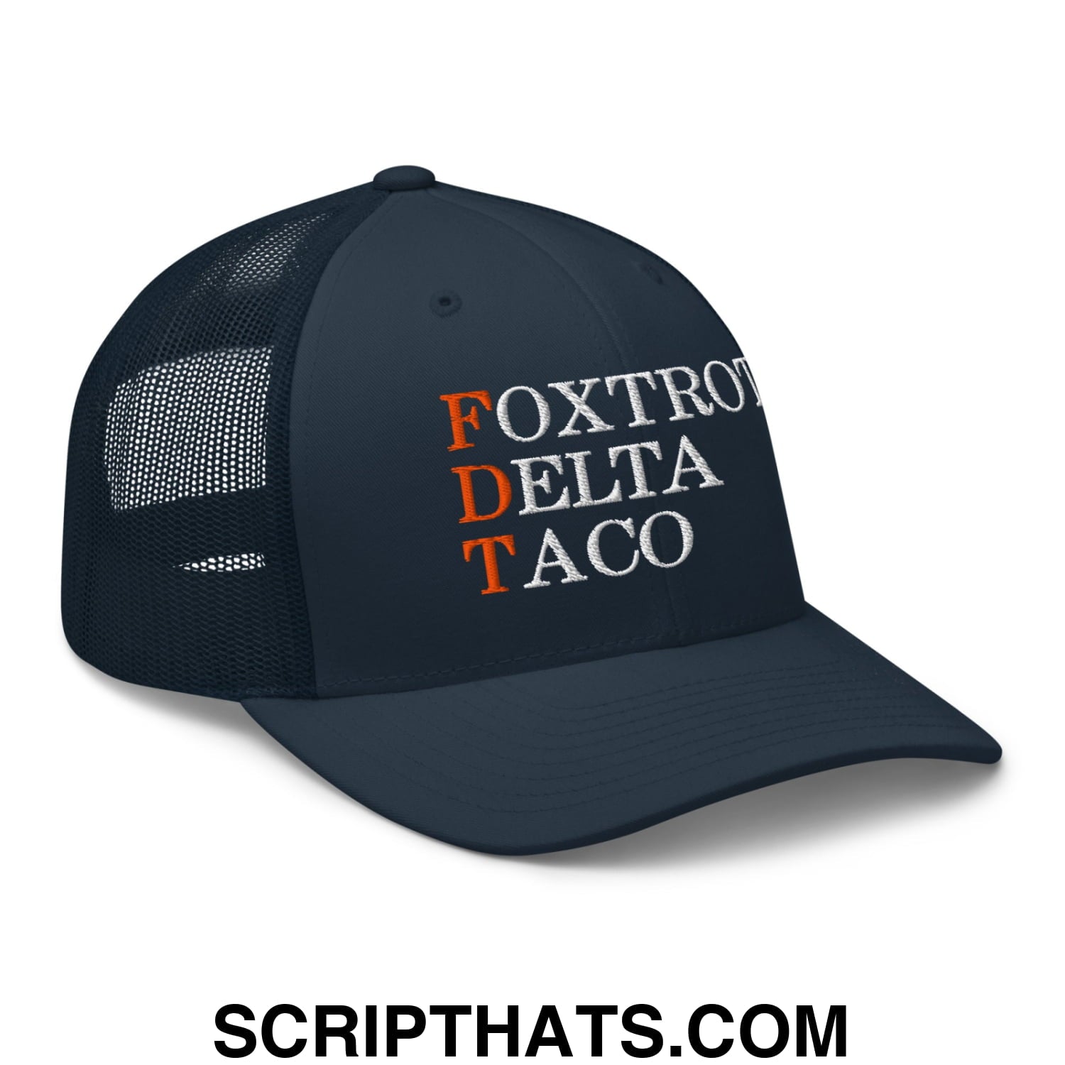 FDT Foxtrot Delta Taco Embroidered Mesh Trucker Hat Navy