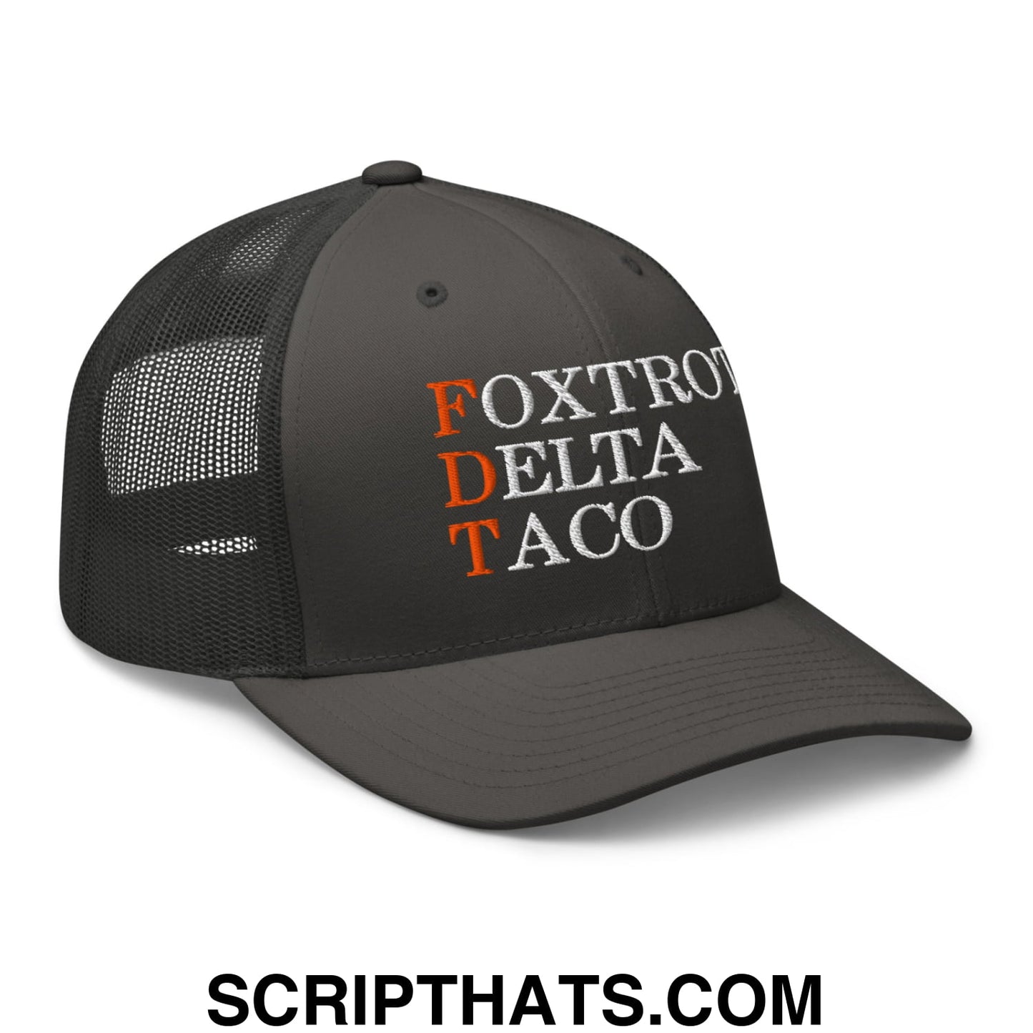 FDT Foxtrot Delta Taco Embroidered Mesh Trucker Hat Charcoal