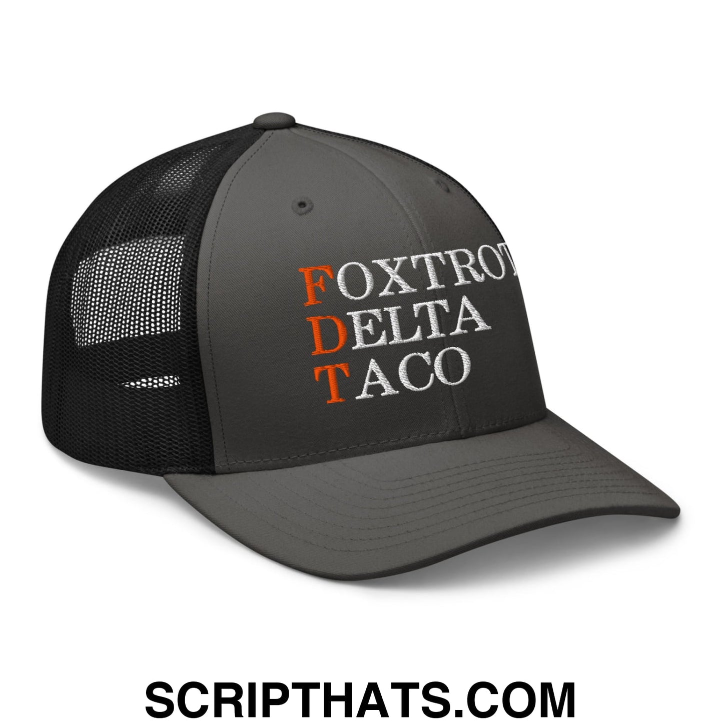 FDT Foxtrot Delta Taco Embroidered Mesh Trucker Hat Charcoal Black