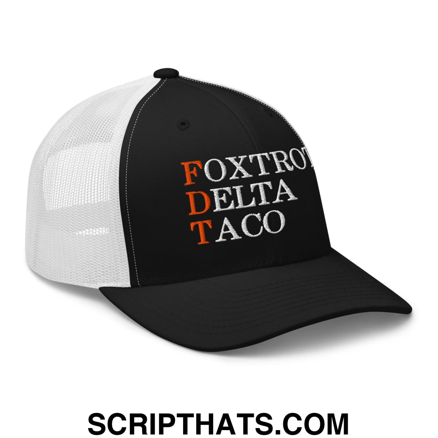FDT Foxtrot Delta Taco Embroidered Mesh Trucker Hat Black White