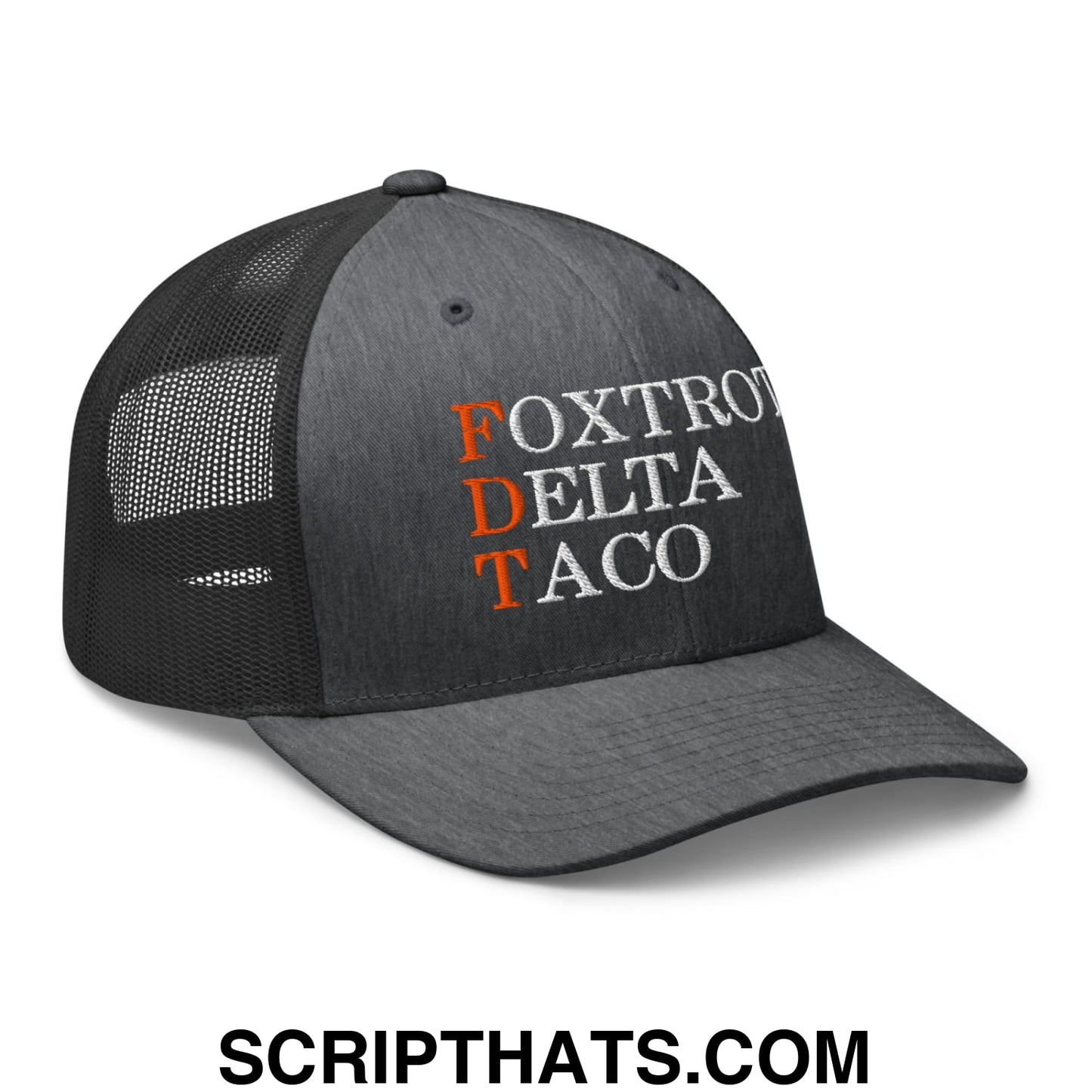 FDT Foxtrot Delta Taco Embroidered Mesh Trucker Hat Dark Heather Gray