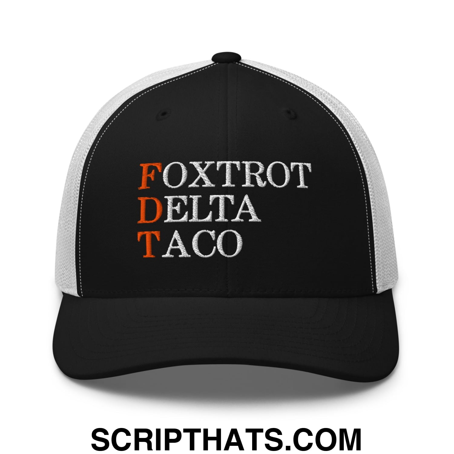 FDT Foxtrot Delta Taco Embroidered Mesh Trucker Hat Black White
