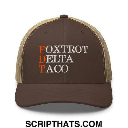 FDT Foxtrot Delta Taco Embroidered Mesh Trucker Hat Brown Khaki