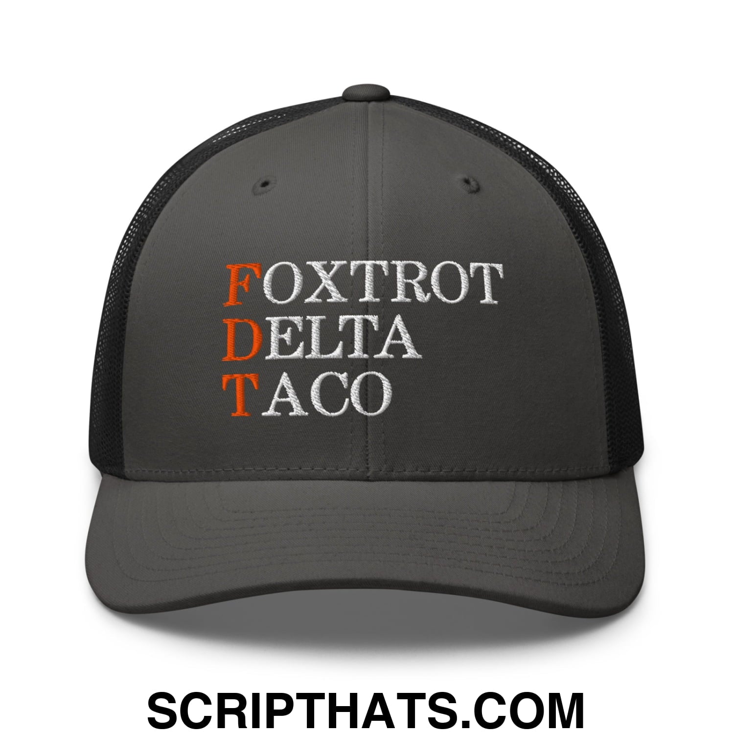FDT Foxtrot Delta Taco Embroidered Mesh Trucker Hat Charcoal Black