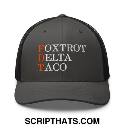 FDT Foxtrot Delta Taco Embroidered Mesh Trucker Hat Charcoal Black