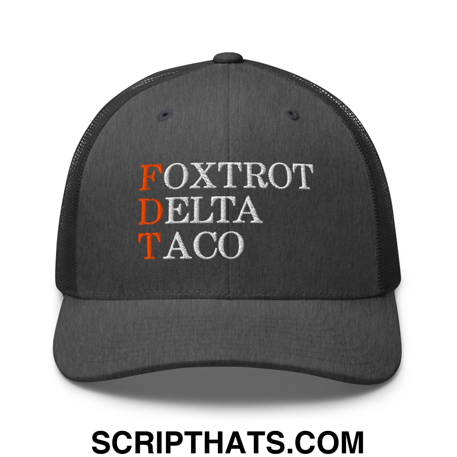 FDT Foxtrot Delta Taco Embroidered Mesh Trucker Hat Dark Heather Gray