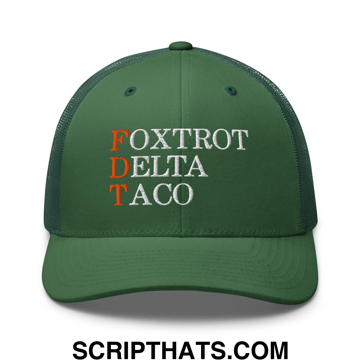 FDT Foxtrot Delta Taco Embroidered Mesh Trucker Hat Evergreen