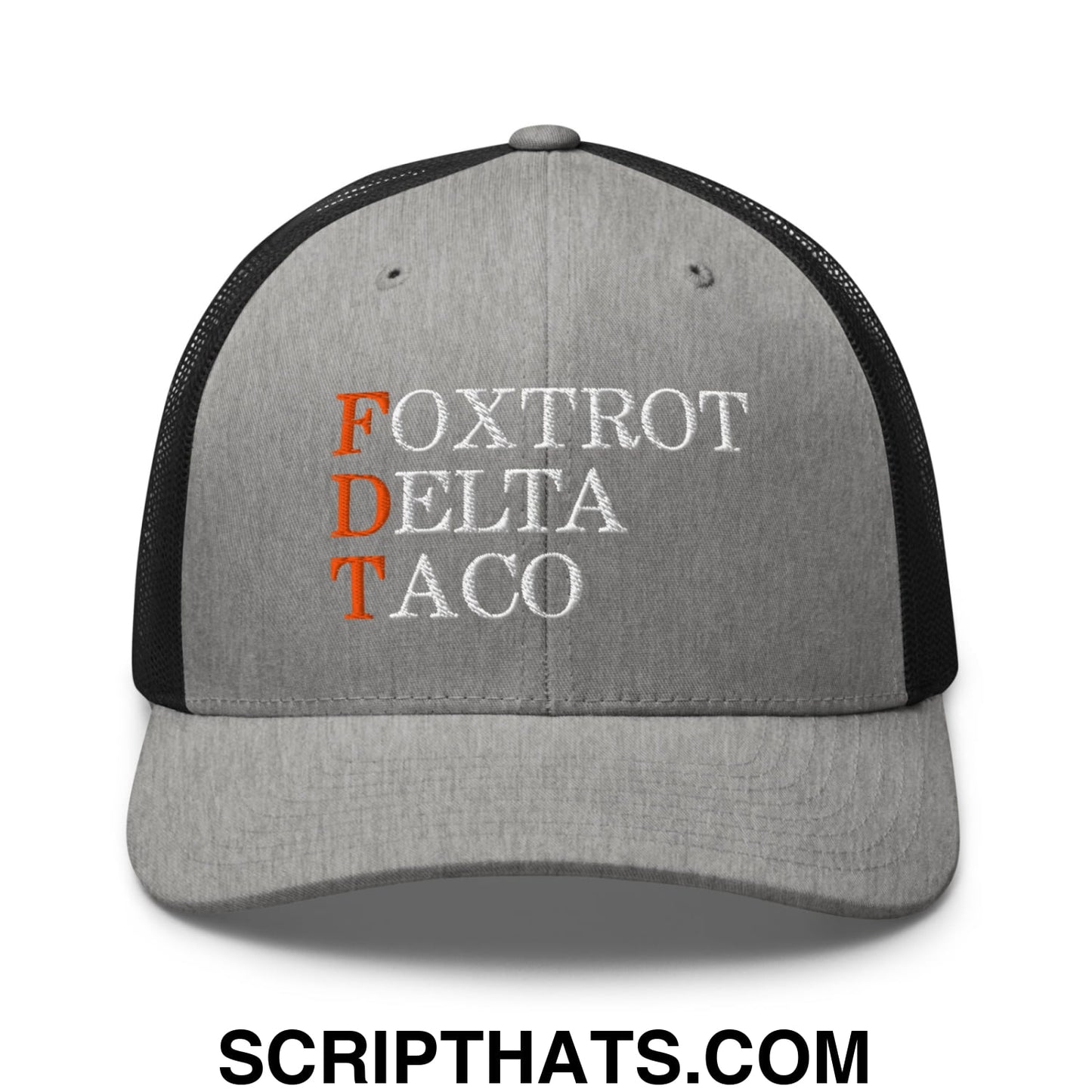 FDT Foxtrot Delta Taco Embroidered Mesh Trucker Hat Heather Black