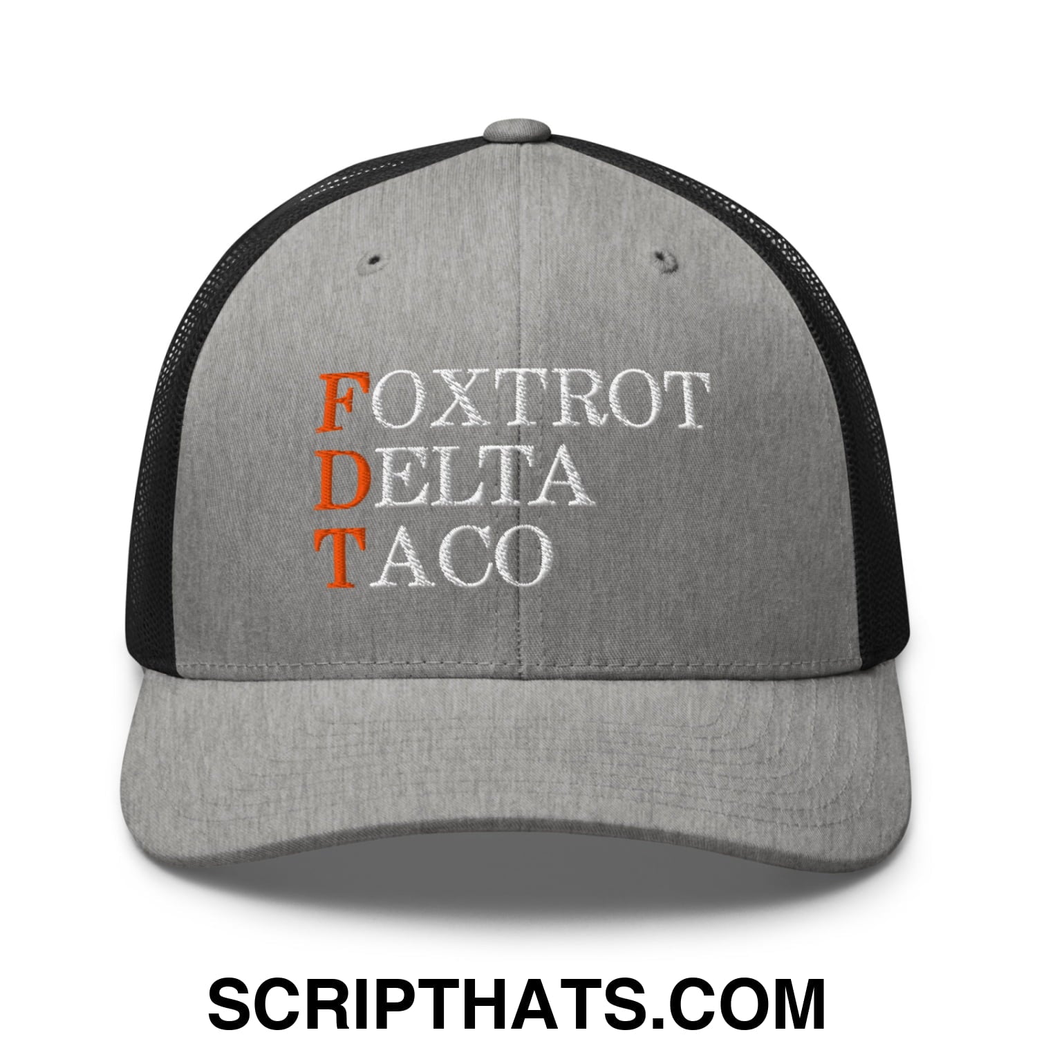 FDT Foxtrot Delta Taco Embroidered Mesh Trucker Hat Heather Black