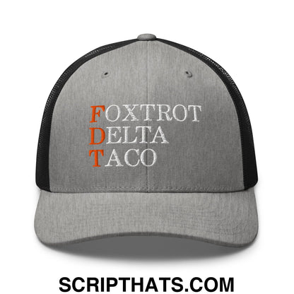 FDT Foxtrot Delta Taco Embroidered Mesh Trucker Hat Heather Black