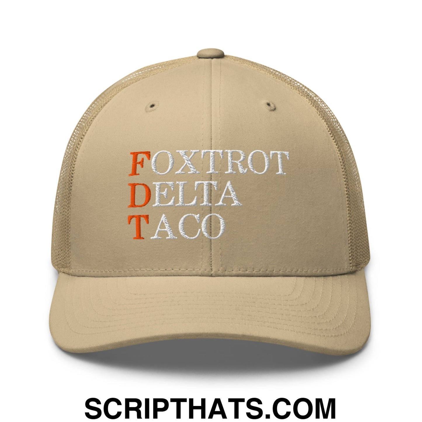 FDT Foxtrot Delta Taco Embroidered Mesh Trucker Hat Khaki