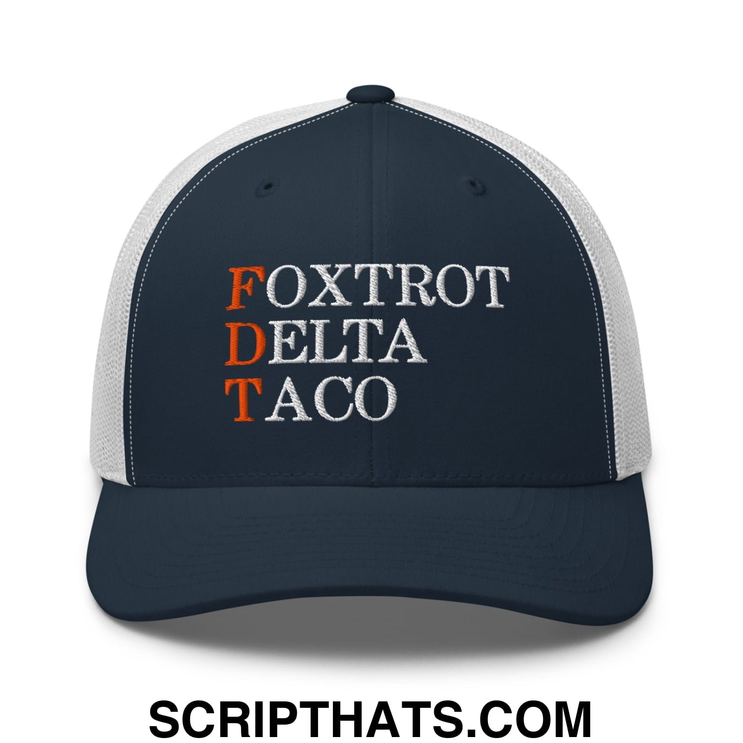 FDT Foxtrot Delta Taco Embroidered Mesh Trucker Hat Navy White
