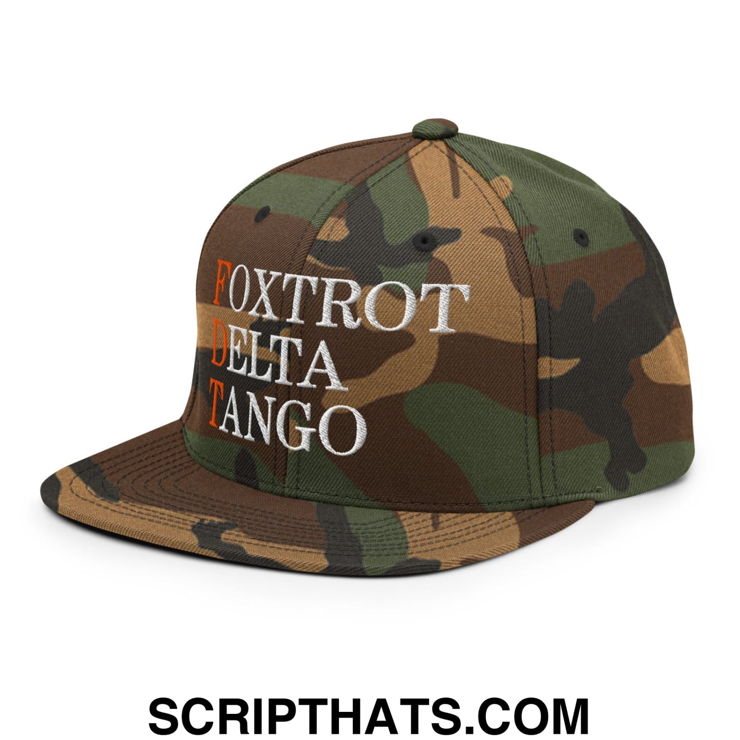 FDT Foxtrot Delta Tango Embroidered Flat Brim Bill Snapback Hat Green Camo