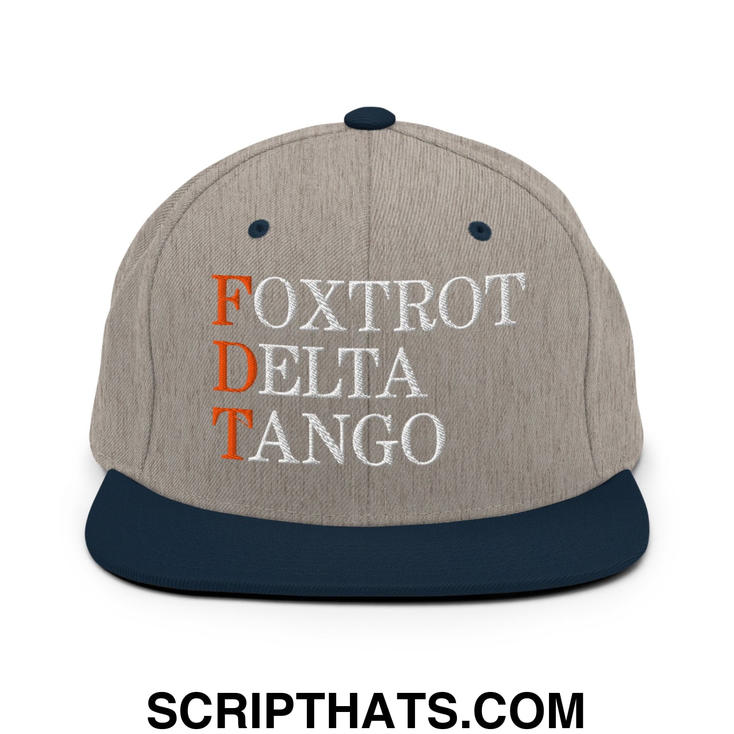 FDT Foxtrot Delta Tango Embroidered Flat Brim Bill Snapback Hat Heather Grey Navy