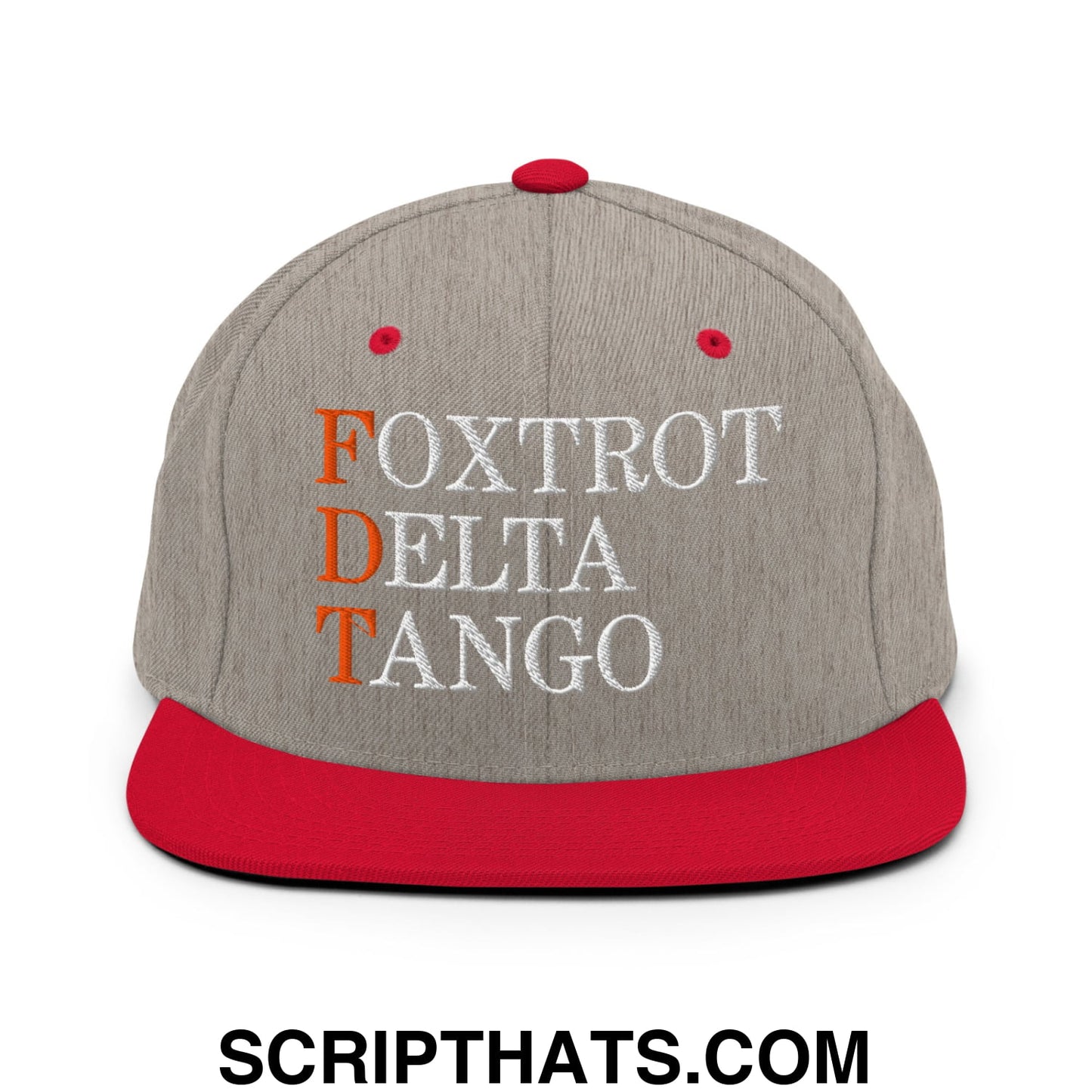 FDT Foxtrot Delta Tango Embroidered Flat Brim Bill Snapback Hat Heather Grey Red