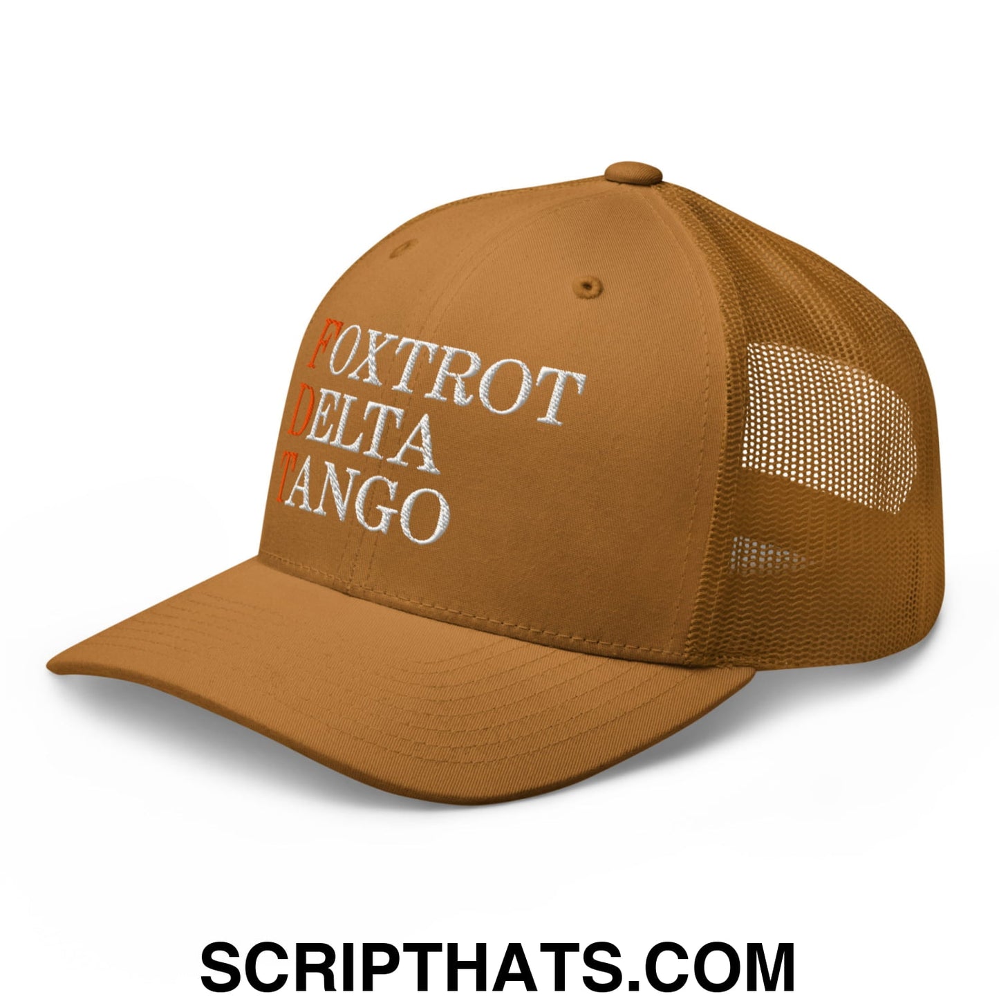 FDT Foxtrot Delta Tango Embroidered Mesh Trucker Hat Caramel
