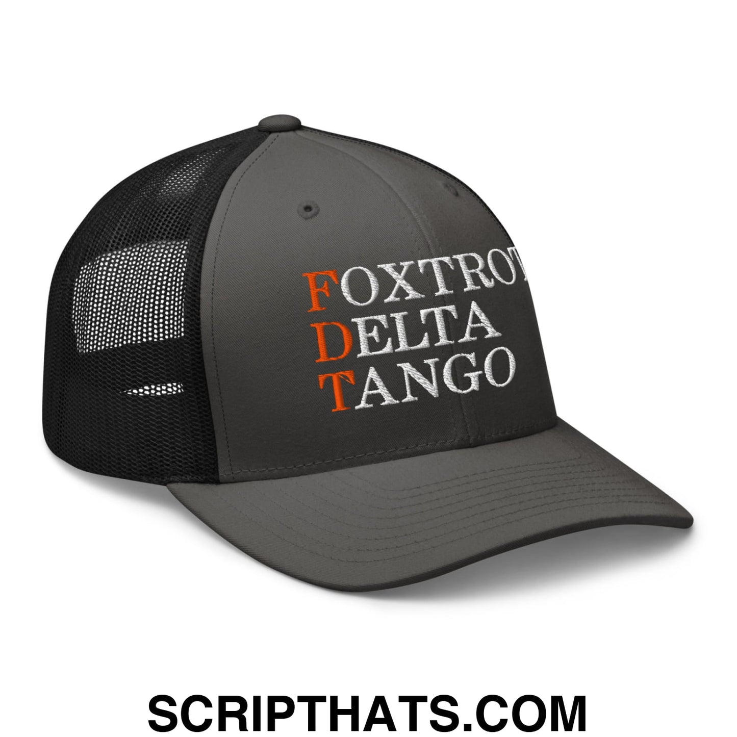 FDT Foxtrot Delta Tango Embroidered Mesh Trucker Hat Charcoal Black