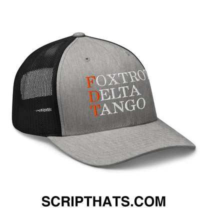 FDT Foxtrot Delta Tango Embroidered Mesh Trucker Hat Heather Black